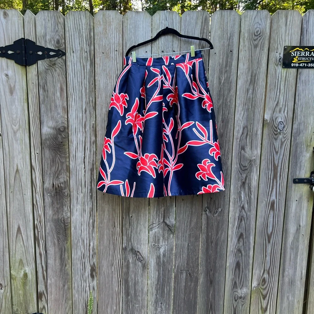 LUCY WANG Orange Navy Blue Floral A Line Skirt Women’s Large